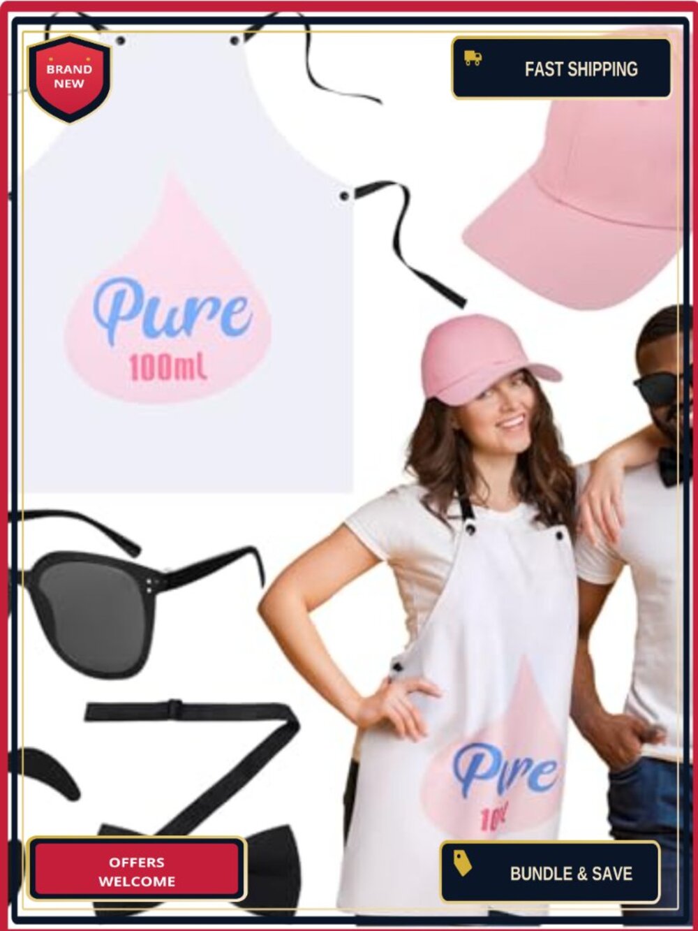 5 Pc Baby Oil Couples Halloween Costume Set Apron Cap Sunglasses Tie Mustache